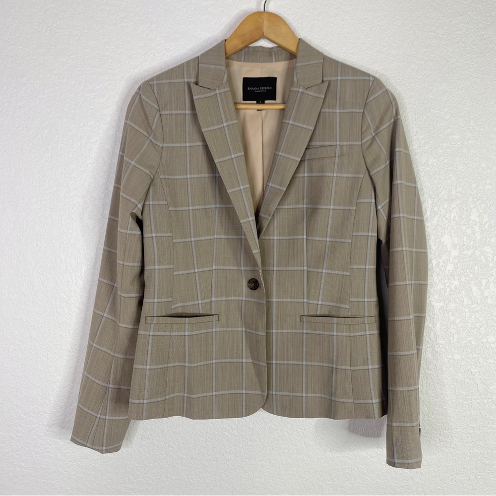 Banana Republic Tan Wool Blend Plaid Classic Fit Blazer Jacket